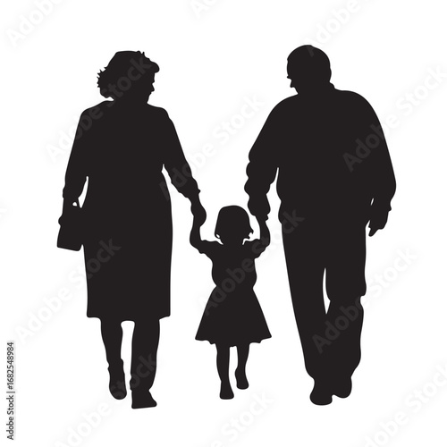 Silhouette of father, mother and daughter walking forward holding hands from behind