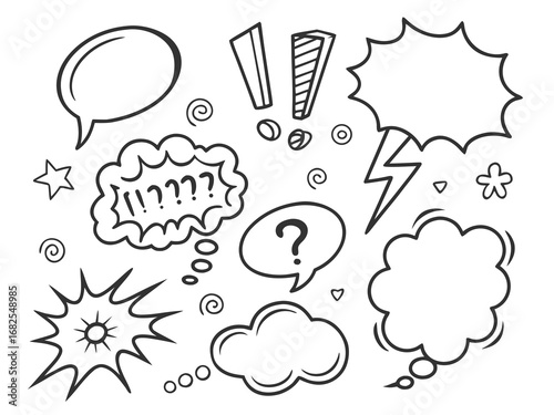Hand Drawn Comic Book Speech Bubbles and Symbols with Question Marks and Exclamation cartoon thought bubble