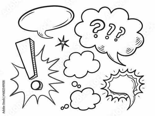 Hand Drawn Comic Book Speech Bubbles and Exclamation Mark Keywords: speech bubble, comic, dialogue, thought bubble, exclamation mark, question mark, communication, empty, blank, text, message