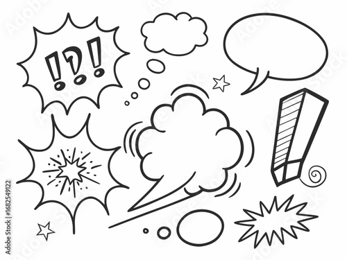 Collection of Comic Book Speech Bubbles and Exclamation Marks Keywords: speech bubble, comic, dialogue, thought bubble, exclamation mark, communication, empty, blank, text, message, conversation