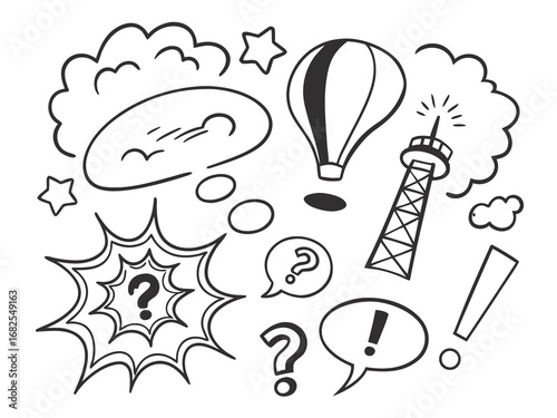 Hand Drawn Doodle Collection Of Speech Bubbles Question Marks Exclamation Marks Stars Hot Air Balloon And Tower