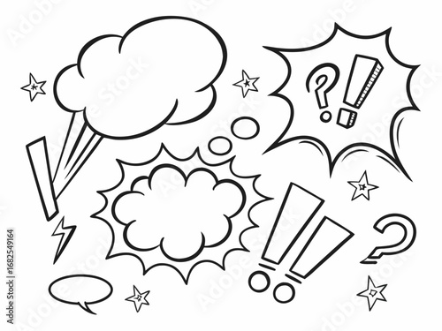 Black And White Hand Drawn Comic Style Speech Bubbles Question Marks Exclamation Marks And Stars doodle