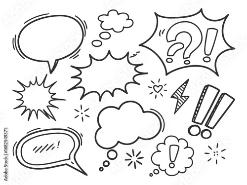 Black Outline Comic Speech Bubbles with Punctuation and Lightning on White dialogue thought bubble
