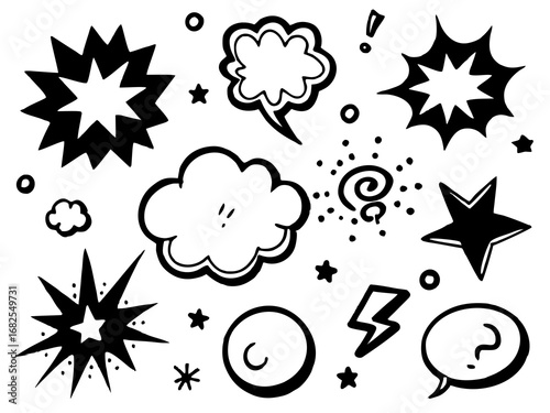 Black and White Doodle Collection of Comic Style Explosions Stars and Speech Bubbles thought bubble