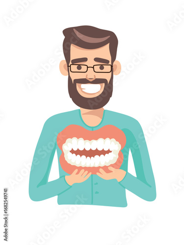vector illustration of dentist holding dental demonstration model