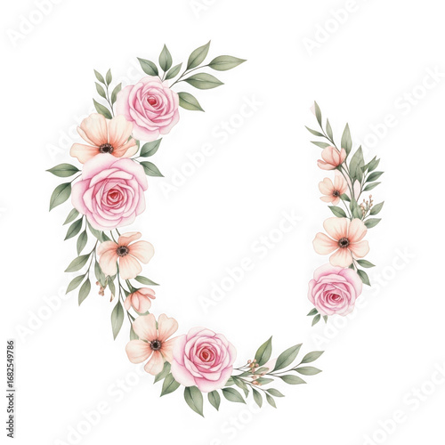 Elegant pink rose floral wreath design delicate wedding invitation art transparent background