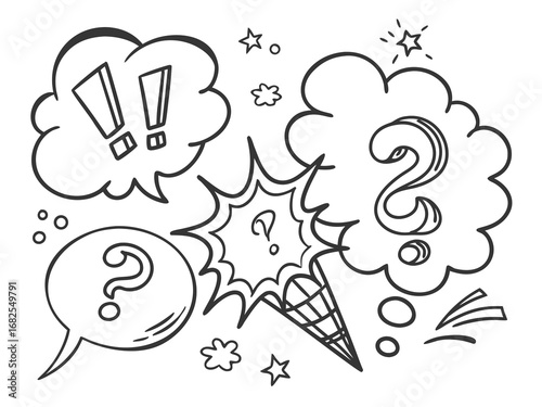 Hand Drawn Comic Book Speech Bubbles and Symbols with Question and Exclamation Marks cartoon drawing