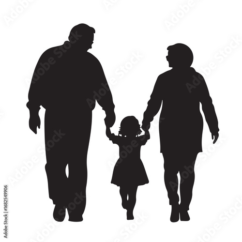 Silhouette of father, mother and daughter walking forward holding hands from behind