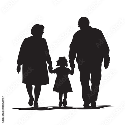 Silhouette of father, mother and daughter walking forward holding hands from behind