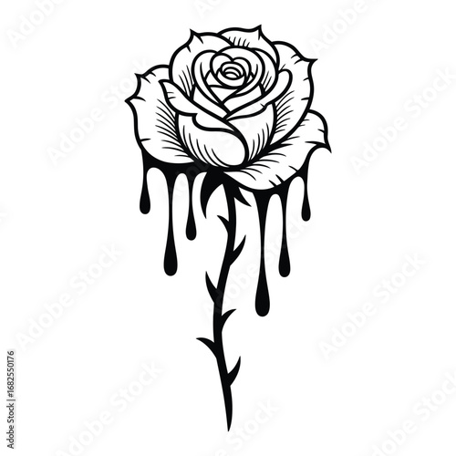 A striking black and white illustration of a wilting rose with dripping petals and a thorny stem evoking a sense of gothic beauty and decay
