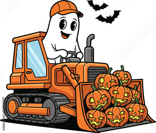 A Cute & Spooky Halloween Ghost Bulldozer Cartoon