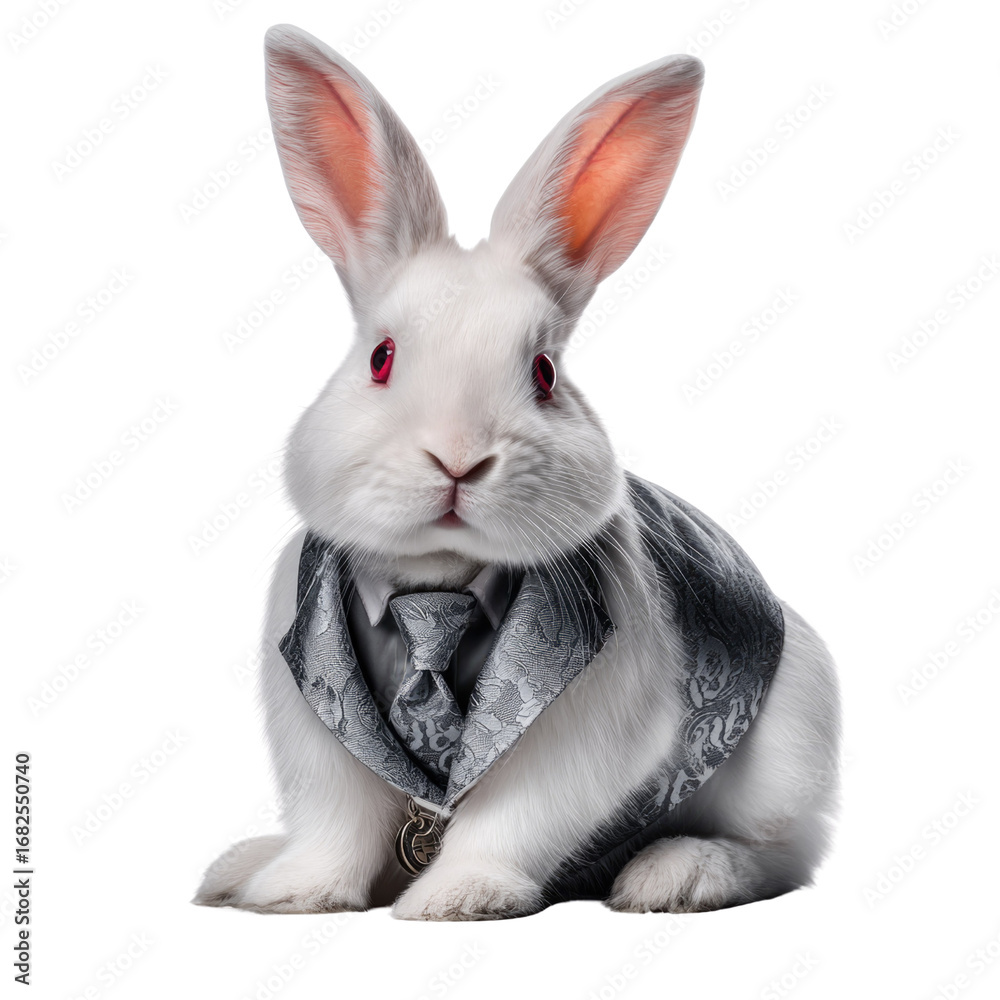 Obraz premium Dapper Rabbit in Formal Attire with Elegant Suit and Bow Tie Against a Clean White Background
