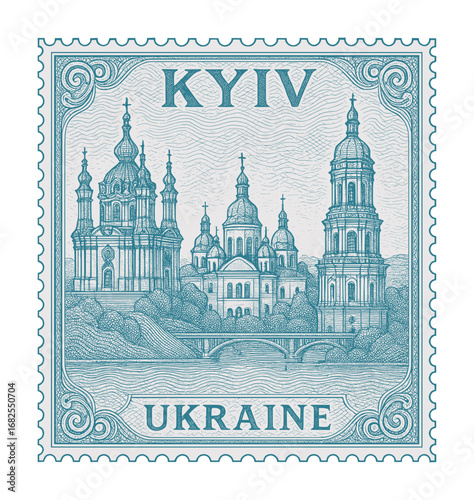 vintage postage stamp depicts kyiv city - ukraine (sketch drawing)