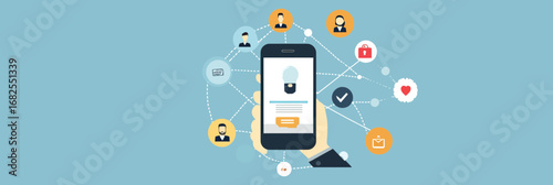 Flat smartphone mobile business marketing connection concept with social media icons and user profiles in minimalist vector style communication network illustration