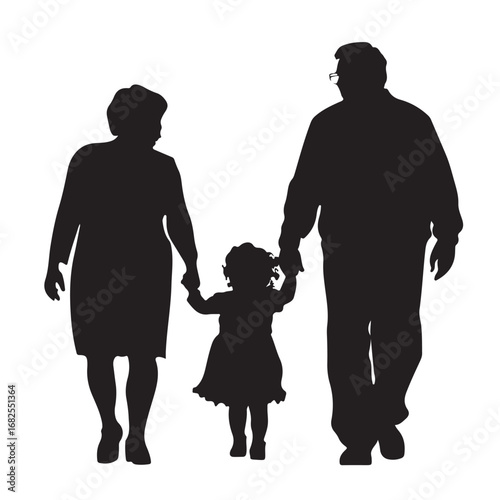 Silhouette of father, mother and daughter walking forward holding hands from behind