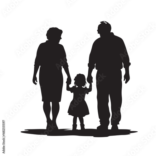 Silhouette of father, mother and daughter walking forward holding hands from behind