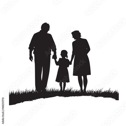 Silhouette of father, mother and daughter walking forward holding hands from behind