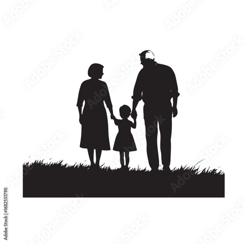 Silhouette of father, mother and daughter walking forward holding hands from behind