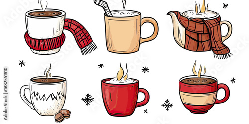 Warm winter hot beverage collection with steaming coffee cups, tea mugs, and teapot wrapped in scarves, cozy festive drink set illustration
