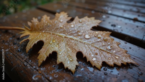 A Solitary Golden Leaf with Glistening Raindrops on a Wet Wood Bench