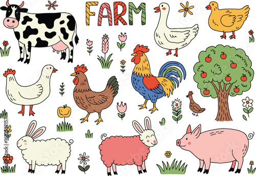 Farm Animals Illustration Colorful Cartoon Collection for Design Projects