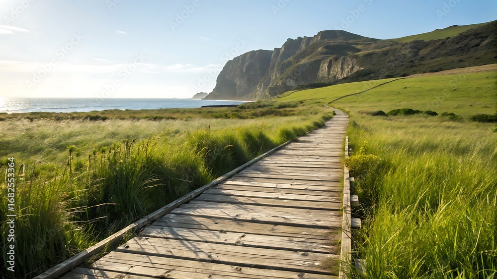 Fototapeta premium Wooden Boardwalk Through Grassy Field Towards Coastal Cliffs Under Sunny Sky wooden path walkway
