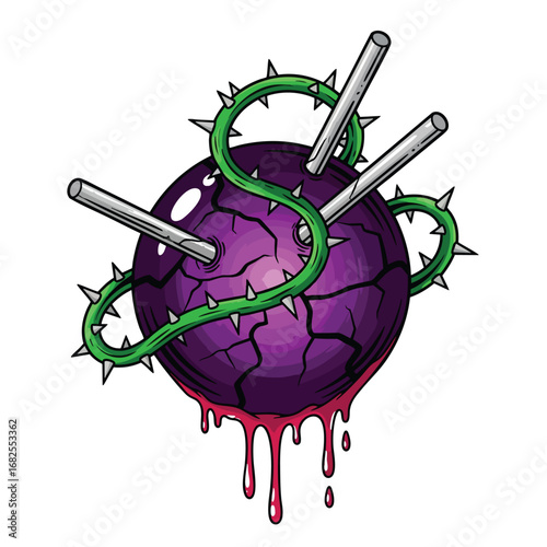 A bleeding purple sphere pierced by metal stakes and wrapped in a thorny green vine.