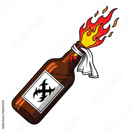 A cartoon illustration of a flaming Molotov cocktail a brown glass bottle with a burning rag wick.