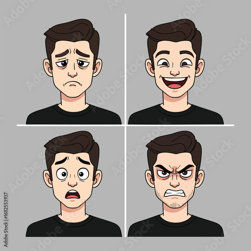 A cartoon man character with four different facial expressions sad happy scared and angry.