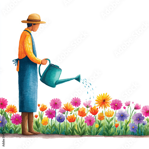 Watercolor Gardener Watering Colorful Flowers with a Teal Watering Can
