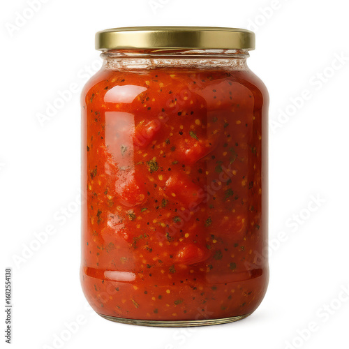 Jar of red sauce with a green herb on top. 3d isolated illustration on transparent background
