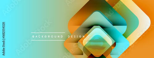 Abstract geometric shapes overlap, creating vibrant layered effect. Turquoise, orange hues dominate design. Modern background texture.