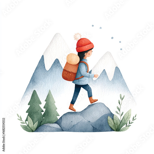 Watercolor Hiker Girl with Backpack Climbing Rocky Mountain Landscape
