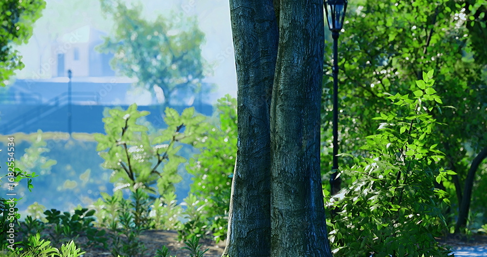 Fototapeta premium A beautiful day unfolds in the park as sunlight filters through vibrant green leaves, casting gentle shadows on the ground. Trees and lanterns create a serene atmosphere.