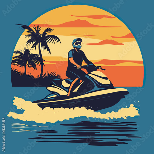 Man riding jet ski on water at tropical beach with palm trees and colorful sunset in flat minimalist vector style illustration