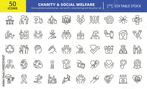 Charity Icons Collection: A comprehensive array of neatly organized line icons, expertly designed to represent the diverse facets of charity and social welfare initiatives
