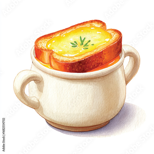 Watercolor French Onion Soup with Toasted Bread and Melted Cheese