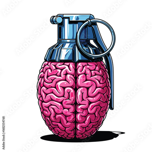 A detailed illustration of a pink human brain forming the body of a shiny metal hand grenade.