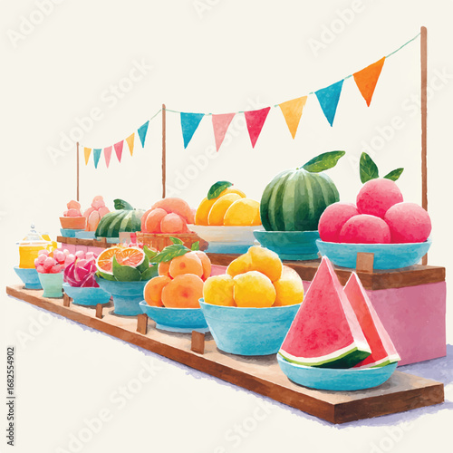 Watercolor Fruit Stand Displaying Watermelon Oranges Lemons and Peaches in Blue Bowls