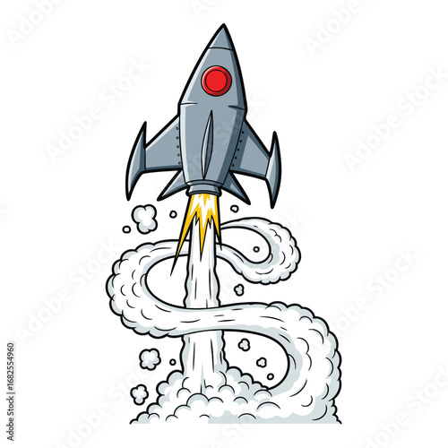 A handdrawn cartoon rocket ship launching upwards leaving a trail of fire and swirling smoke.