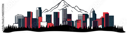 Denver city skyline silhouette with mountains and pine trees minimalist flat vector illustration red black white colors urban landscape background design