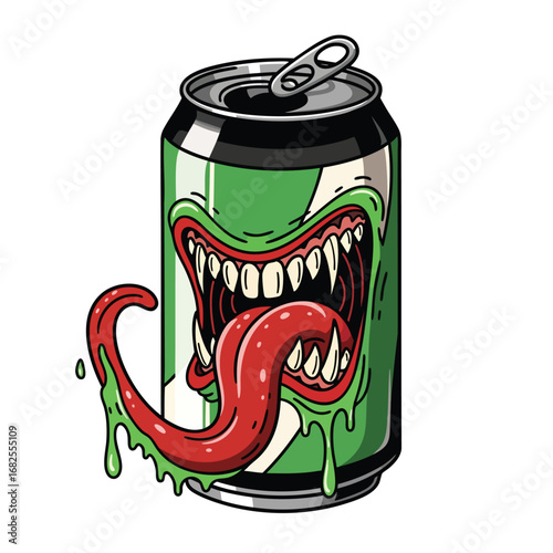 A menacing green soda can illustration featuring a monster mouth with sharp fangs and a long tongue.