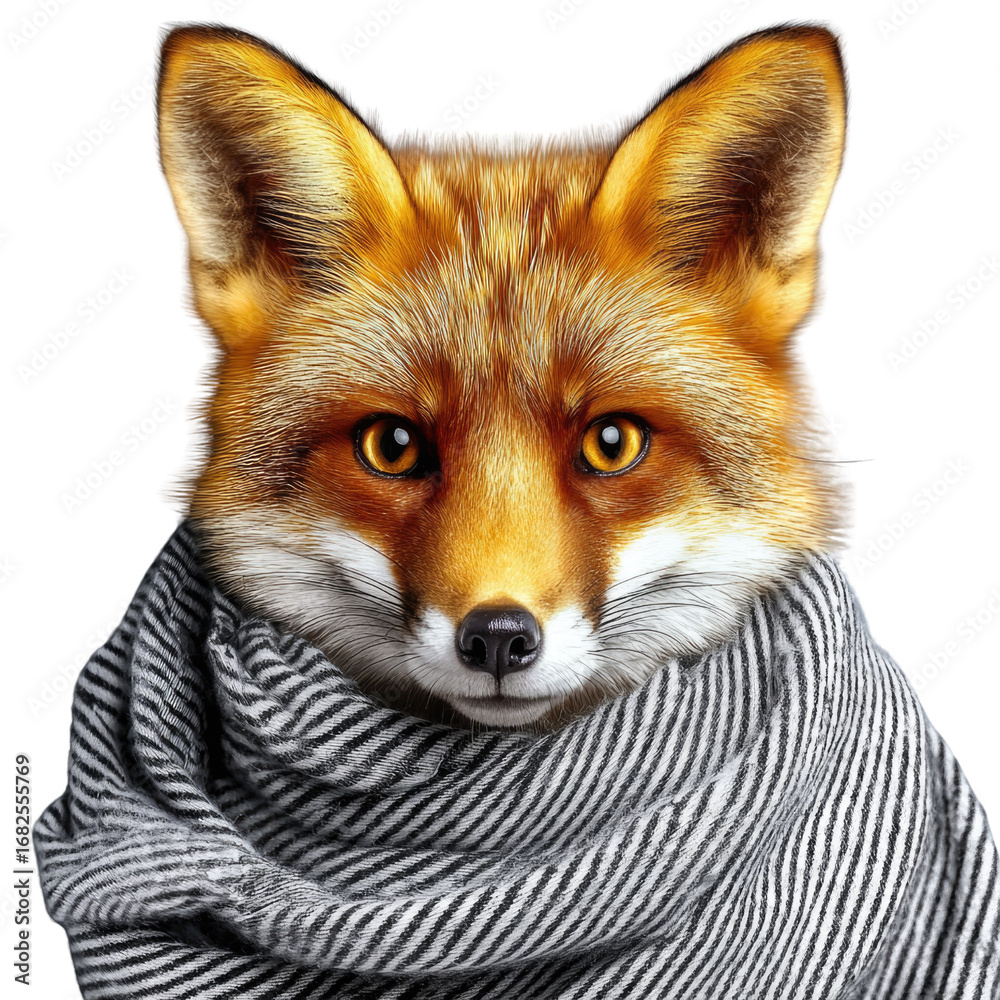 Fototapeta premium Adorable Fox with Striped Scarf in a Cozy Pose, Captivating Expression and Stunning Fur Texture