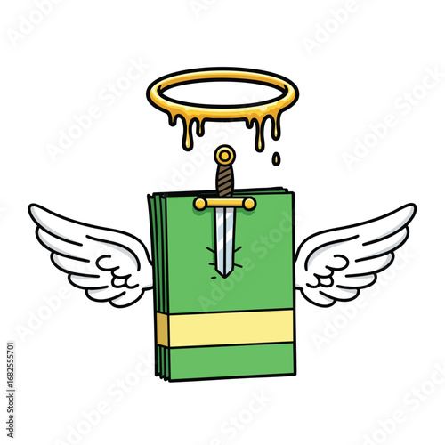 A sacred green book with white angel wings a dagger and a dripping golden halo.