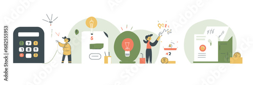 Flat minimalist vector illustration of energy and utility bill calculation with characters using calculator and light bulb symbolizing electricity and cost management concept