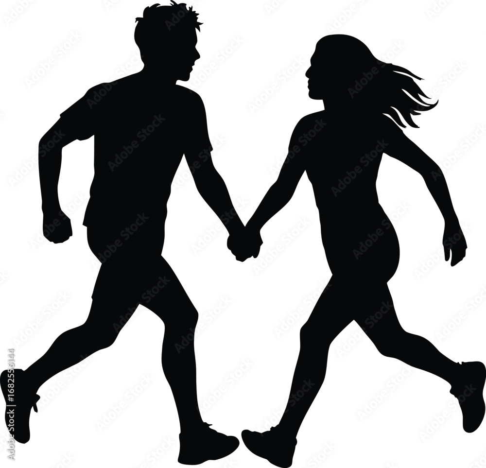 Obraz premium Silhouette of a Couple Holding Hands While Jogging
