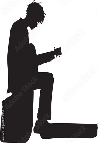 A stylized silhouette of a young person sitting and playing an acoustic guitar, their posture suggesting contemplation or introspection, while their feet rest on a small platform or case.