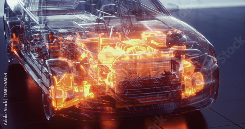 Exploring the transparent car showcases its fascinating internal components glowing in vibrant orange. The display highlights both engineering ingenuity and cutting edge technology.