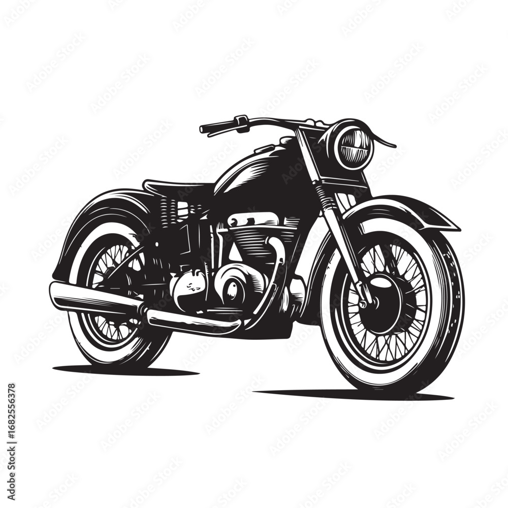 Fototapeta premium Vintage motorcycle silhouette vector illustration, classic bike design, retro motorbike, old-fashioned motorcycle, transport, vehicle, freedom, adventure, travel icon.