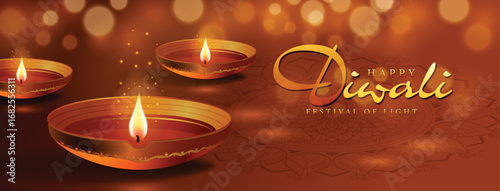 Happy Diwali Background with Traditional Oil Lamps and Glowing Lights – Festival of Light Vector Illustration